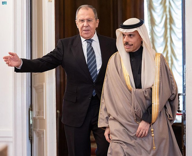 Saudi Arabia’s Foreign Minister Prince Faisal bin Farhan is welcomed in Moscow by his Russian counterpart Sergey Lavrov. (SPA)