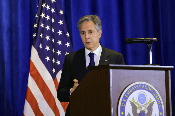 US Secretary of State Antony Blinken attends a news conference during his visit to Ethiopia, in Addis Ababa, Ethiopia, Wednesday, March 15, 2023. (AP)
