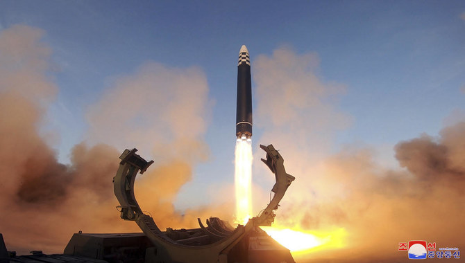 The Hwasong-17 missile reached a maximum altitude of 6,045 kilometers and traveled 1,000km before landing in waters off the country’s eastern coast. (KCNA via KNS)