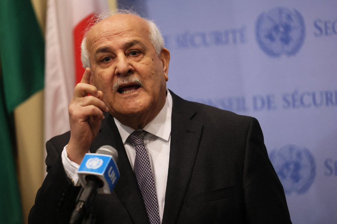 Palestinian Ambassador to the UN Riyad H. Mansour speaks during a UN Security Council meeting on February 20, 2023./ (AFP file photo)