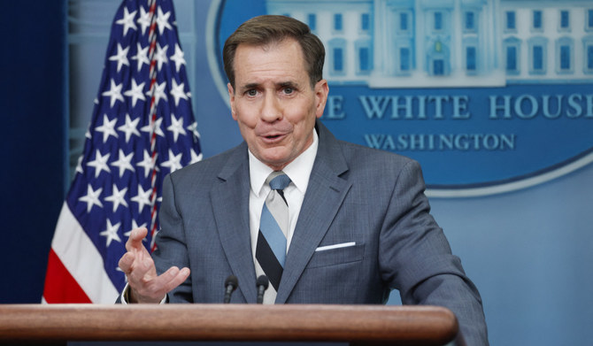 National Security Council coordinator for strategic communications John Kirby pauses during a daily news briefing at the James S. Brady Press Briefing Room in the White House on March 22, 2023 in Washington, DC. (AFP)
