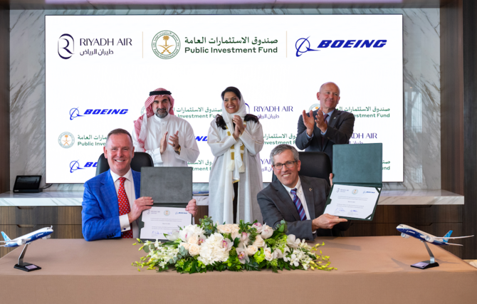 From left: Tony Douglas, CEO of Riyadh Airlines; Yasser Othman Al-Rumayyan, governor of the Public Investment Fund and chairman of Riyadh Airlines; Princess Reema bint Bandar, ambassador to the US; David Callahon, CEO of Boeing; Brad McMalone, senior vice president, commercial airplanes, Boeing (Supplied)