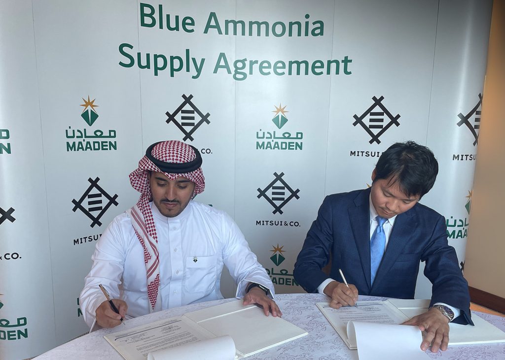 Saudi Arabian Mining Co (Ma'aden) signs a joint declaration agreement with Japan's Mitsui & Co. to be the first commercial supplier of blue ammonia to Japan in 2023. (Twitter/@MaadenKSA)