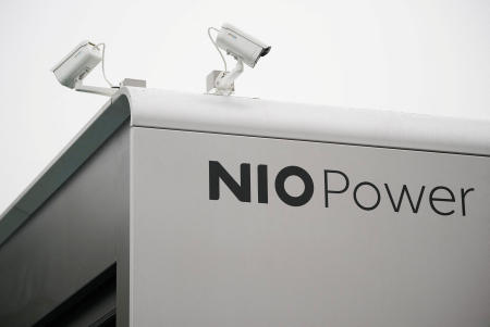Security cameras are placed on the new battery swapping station of Chinese electric vehicle (EV) maker Nio, at a delivery center of the company, in Nanxiang, Shanghai, China March 23, 2023. (Reuters)