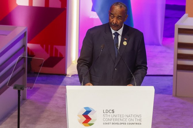 Sudan's army chief and defacto leader Abdel Fattah al-Burhan speaks during the 5th Conference on the Least Developed Countries (LDC5) in Doha on March 4, 2023. (AFP)