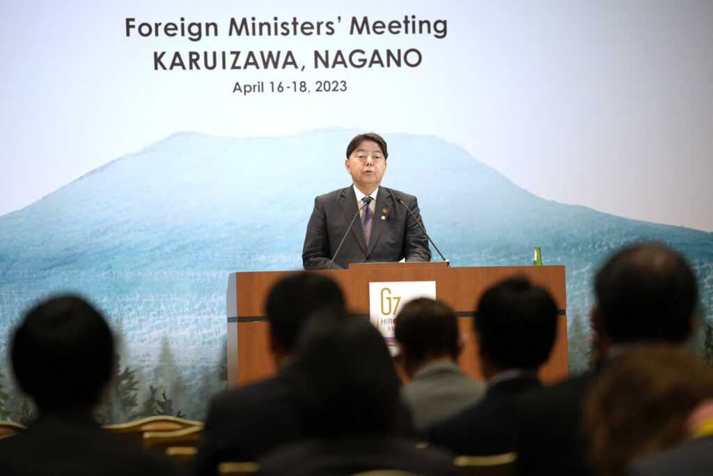 Japanese Foreign Minister HAYSASHI Yoshimasa speaks during the Presidency's press conference at the G7 Foreign Ministers' Meeting in Karuizawa, a resort town north of Tokyo, on April 18, 2023. (AFP)