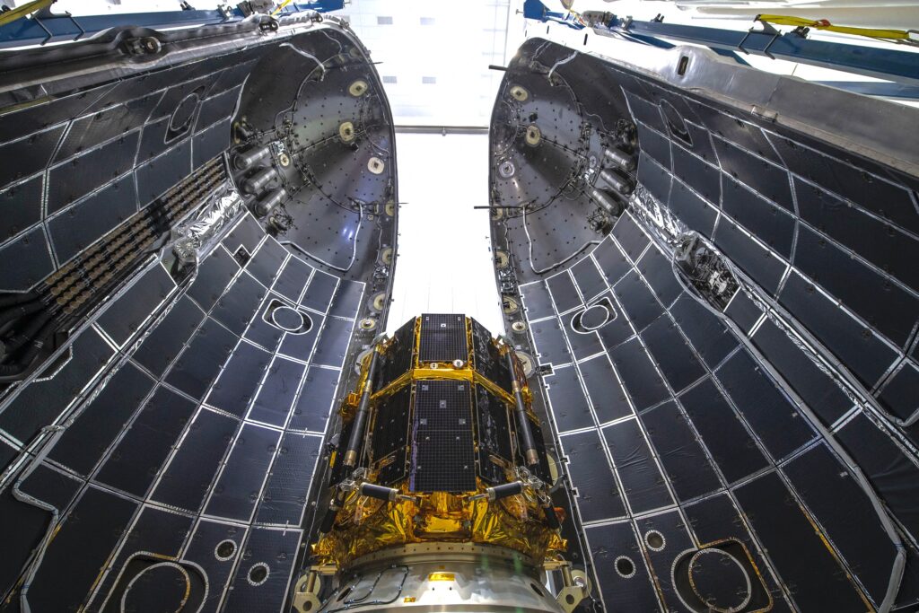 This undated handout photo released by Japanese firm ispace on April 25, 2023 shows the Hakuto-R Mission 1 lander stored in the fairing of SpaceX's Falcon 9 rocket at an unknown location. Japanese space start-up ispace will attempt on April 25, 2023 to become the first private company to put a lander on the Moon. (AFP)