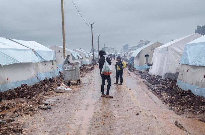 Tents set up to home displaced people following a massive earthquake, in Adiyaman, southeastern Turkiye on March 25, 2023. (AFP)