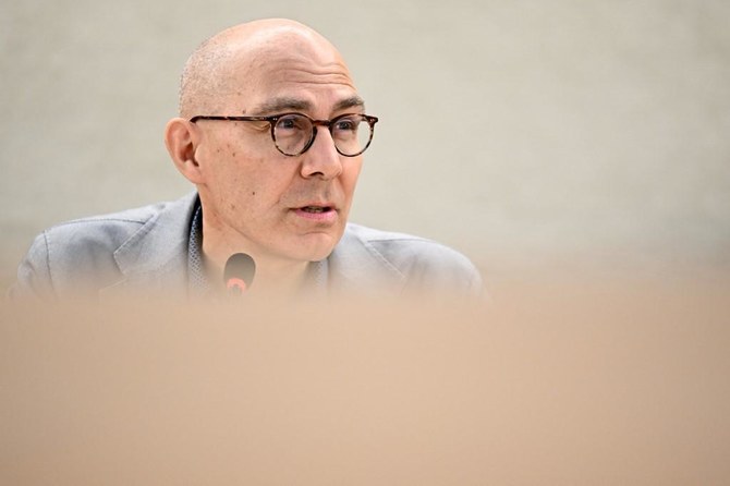 UN High Commissioner for Human Rights Volker Turk looks on as he speaks during a panel in Geneva. (AFP)