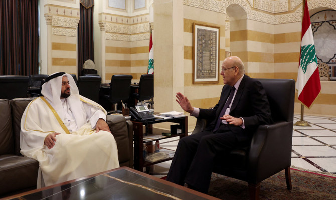 Lebanon's caretaker Prime Minister Najib Mikati meets with Minister of State at the Qatari Ministry of Foreign Affairs, Mohammed bin Abdulaziz Al-Khulaifi, at the government palace in Beirut, Lebanon April 3, 2023. (Reuters)