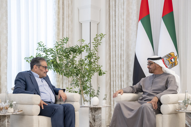 The UAE’s President Sheikh Mohamed bin Zayed Al-Nahyan receives Iran’s Supreme National Security Council secretary Ali Shamkhani in Abu Dhabi in March, 2023. (WAM/File)