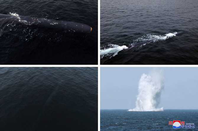 This undated picture taken from the period of April 4 to 7, 2023, Pyongyang's official Korean Central News Agency, on April 8 shows an underwater strategic weapon system submerging in the East Sea, also known as the Sea of Japan. (AFP)