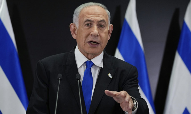 Israeli Prime Minister Benjamin Netanyahu speaks to the media during a press conference, in Tel Aviv, Israel, Monday, April 10, 2023. (AP)