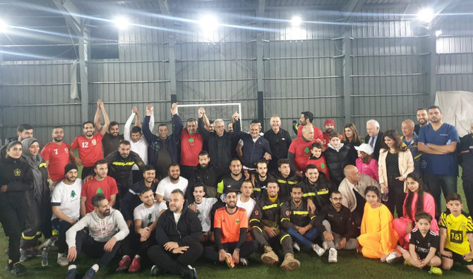 Former energy and water minister Nada Boustani was among MPs from different political backgrounds who took to the pitch in the friendly contest against members of the Civil Defense. (Lebanese Civil Defense)