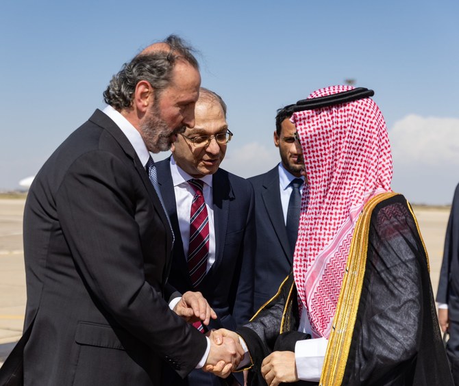 Saudi Arabia's Foreign Minister Prince Faisal bin Farhan Al-Saud arriving at Damascus International Airport. (Twitter/@KSAMOFA)