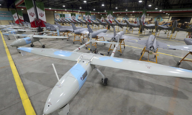 In this picture released by the official website of the Iranian Army on Thursday, April 20, 2023, Iran-made drones are displayed in a ceremony marking to provide to the nation's army, Iran. (AP)