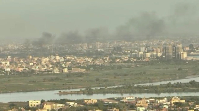 A drone view shows smoke rising over buildings a week after fighting began in north Khartoum, as seen from the twin city of Omdurman, Sudan, on April 22, 2023. (Reuters TV via REUTERS)