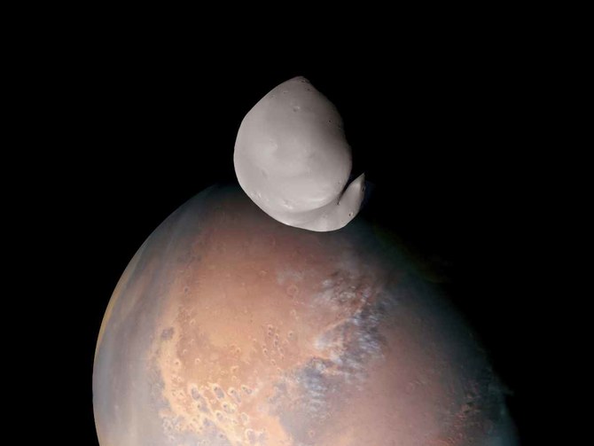 This image provided by the UAE Space Agency shows Mars’ moon Deimos. The Amal spacecraft ventured closer to the red planet’s little moon than any human-made object in almost 50 years. (AP)