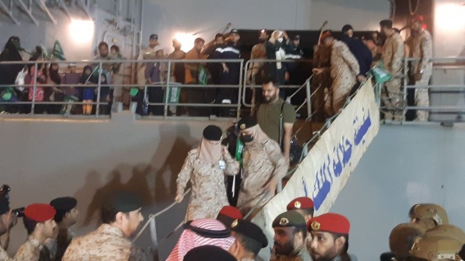 Over 200 evacuees, including five Saudi citizens, arrive in Jeddah after being evacuated from Sudan on board HMS Abha. (Supplied)