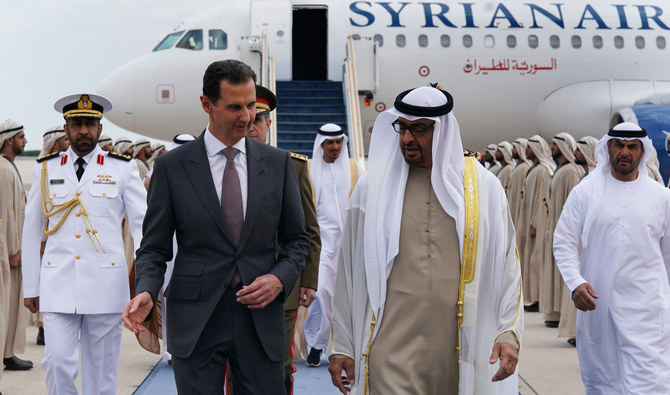 Syrian President Bashar Assad is received by Sheikh Mohammed bin Zayed Al-Nahyan in Abu Dhabi on March 19. (AP)