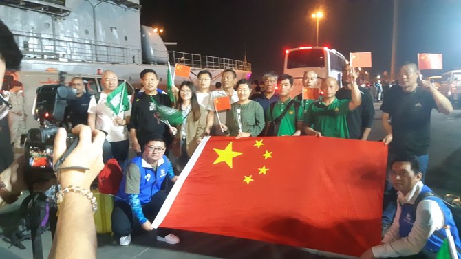 Over 200 evacuees, including five Saudi citizens, arrive in Jeddah after being evacuated from Sudan on board HMS Abha. (Supplied)
