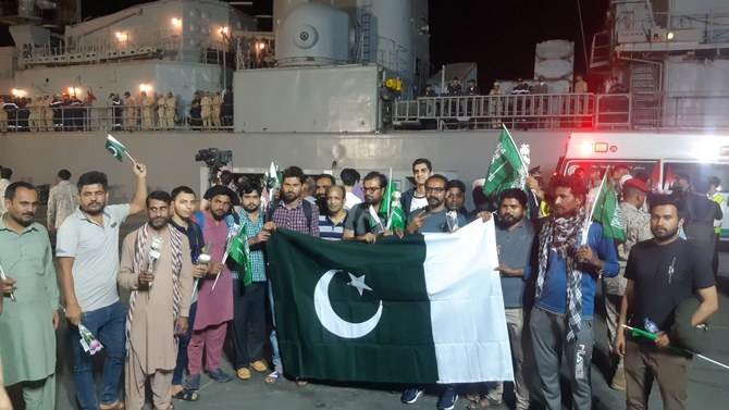 Over 200 evacuees, including five Saudi citizens, arrive in Jeddah after being evacuated from Sudan on board HMS Abha. (Supplied)