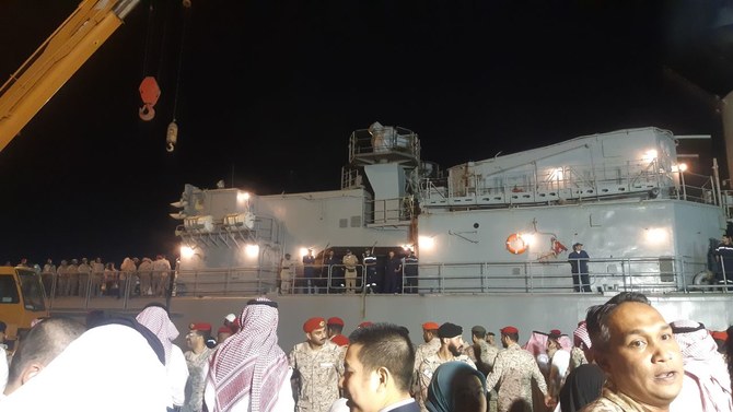 Over 200 evacuees, including five Saudi citizens, arrive in Jeddah after being evacuated from Sudan on board HMS Abha. (Supplied)
