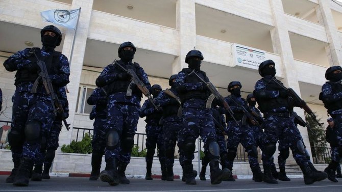 Palestinian policemen participate in a training session at their headquarters in the occupied West Bank city of Hebron, Jan. 30, 2019. (AFP)