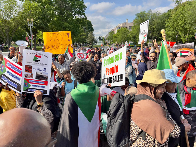 Activists demonstrate in front of the White House in Washington on April 29, 2023, calling on the US to intervene to stop the fighting in Sudan. (AFP)
