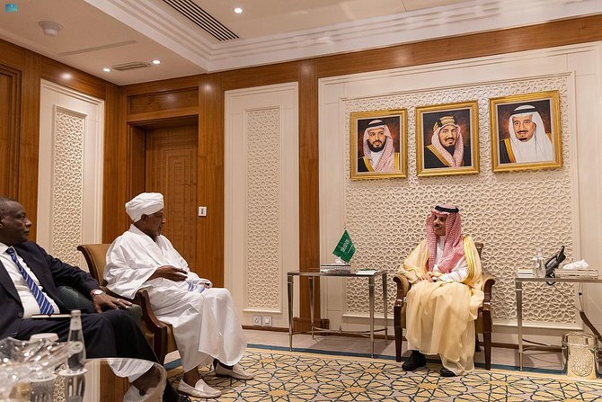 Saudi foreign minister Prince Faisal bin Farhan met with Dafallah Al-Haj Ali, the special envoy of the president of the Sudanese Sovereignty Council in Riyadh. (SPA)