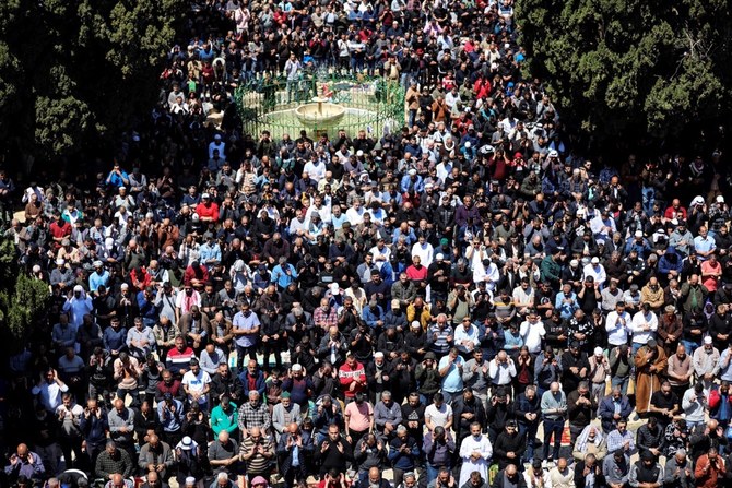 Palestinians pray on the fourth Friday of the holy month of Ramadan on Al-Aqsa. (Reuters)