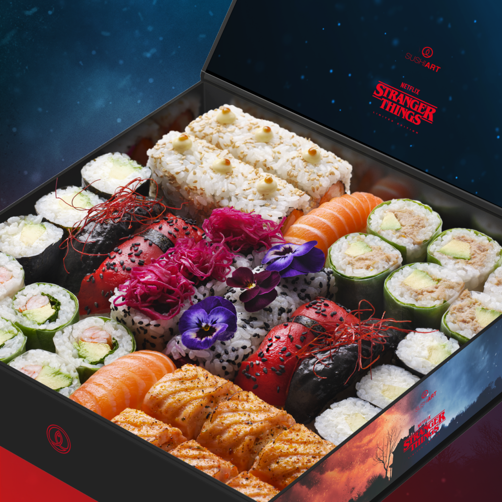 The new item on the menu is a limited-edition Upside-Down Sushi Box, a tribute to the show's eerie alternate universe. (Supplied)