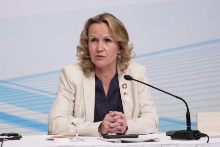 Germany's Environment Minister Steffi Lemke speaks during a joint news conference by host country Japan, Germany and Italy in the G-7 ministers' meeting on climate, energy and environment in Sapporo, northern Japan, Sunday, April 16, 2023. (AP)