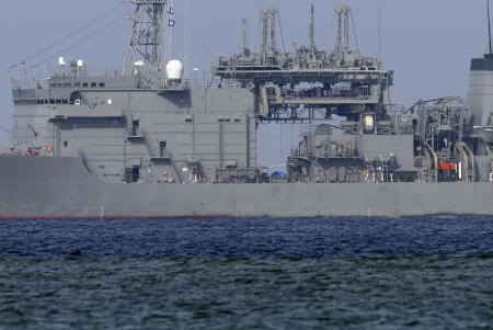 Japan's Maritime Self-Defense Force submarine rescue ship Chihaya is seen in the sea off Ikemajima, Okinawa prefecture, southern Japan as rescuers conduct a search operation.