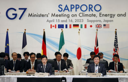 Nishimura Yasutoshi, Japan's Minister of Economy, Trade and Industry, Environment Minister Akihiro Nishimura and other delegates attend the opening session of G7 Ministers’ Meeting on Climate, Energy and Environment in Sapporo, Japan April 15, 2023, in this photo released by Kyodo. (Reuters)
