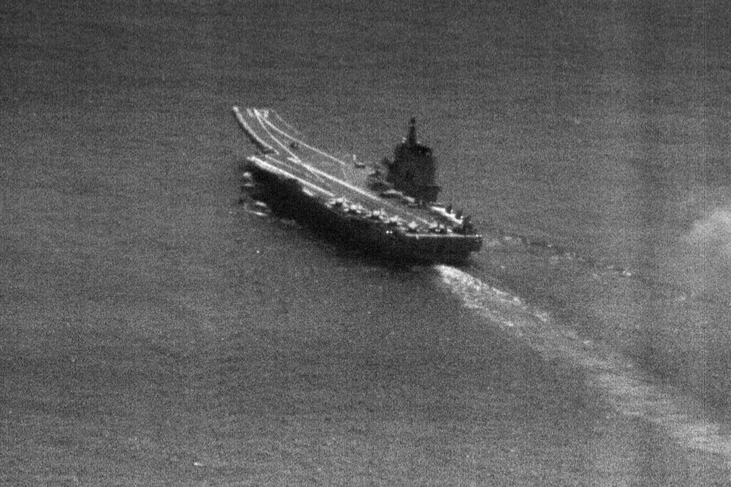 This undated handout image released by Taiwan's Ministry of National Defense on April 24, 2023 shows the Chinese People's Liberation Army Navy (PLAN) aircraft carrier Shandong sailing in waters some 120 nautical miles of southeast Taiwan. (AFP)