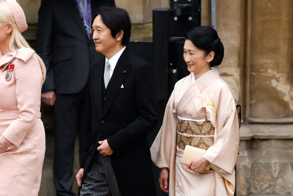 Crown Prince Akishino, clad in a tailcoat suit, and Crown Princess Kiko, in kimono, joined other royals at the coronation. (AFP)