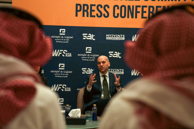 Jan Alessie, co-founder and director of World Football Summit Asia, meets the press in Riyadh. (Abdulrahman Fahad Bin Shulhub/AN)