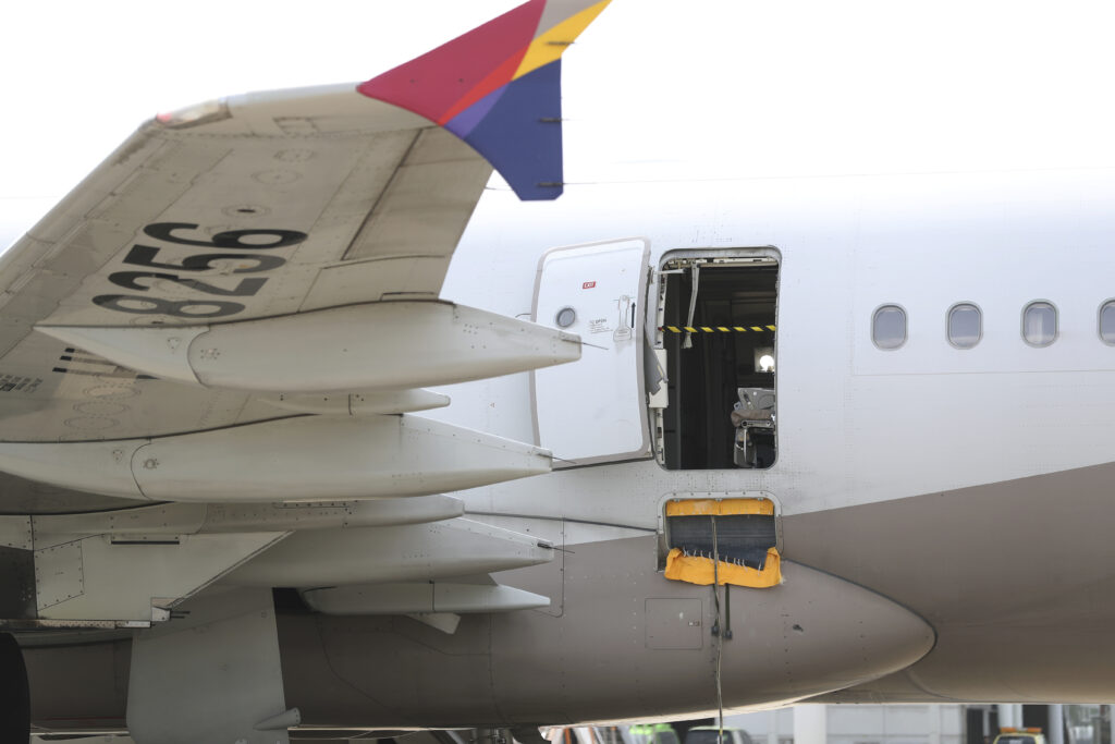 An Asiana Airlines plane is parked as one of the plane's doors suddenly opened at Daegu International Airport in Daegu, South Korea, Friday, May 26, 2023. (File/AP photo)