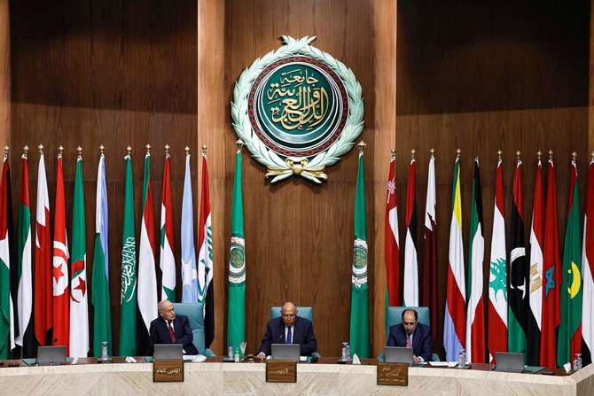 Egyptian FM Sameh Shoukry , Arab League Sec-Gen Ahmed Aboul Gheit, and assistant Sec-Gen of Arab League Hossam Zaki attend an Arab League foreign ministers meeting in Cairo. on May 7, 2023. (AFP)