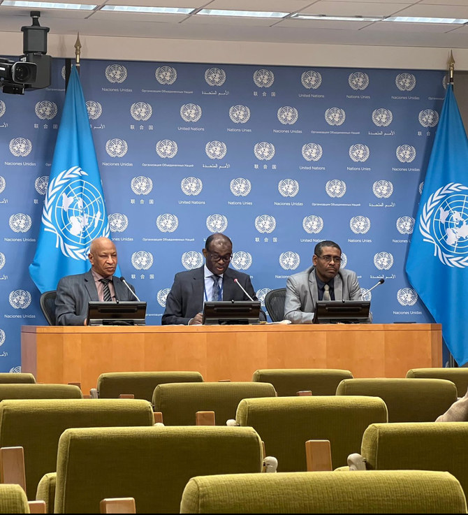 Sudan's UN envoy Al-Harith Idriss Al-Harith Mohamed, center, addresses a press conference at the United Nations headquarters on developments in Sudan on Friday. (Twitter: @SudanMissionUN)