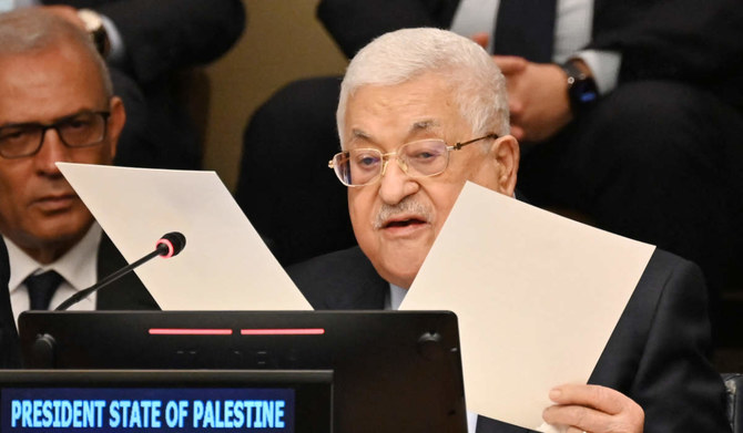 Palestinian Authority President Mahmud Abbas speaks during a high-level event to commemorate the 75th anniversary of the Nakba at the United Nations headquarters in New York on May 15, 2023. (AFP)