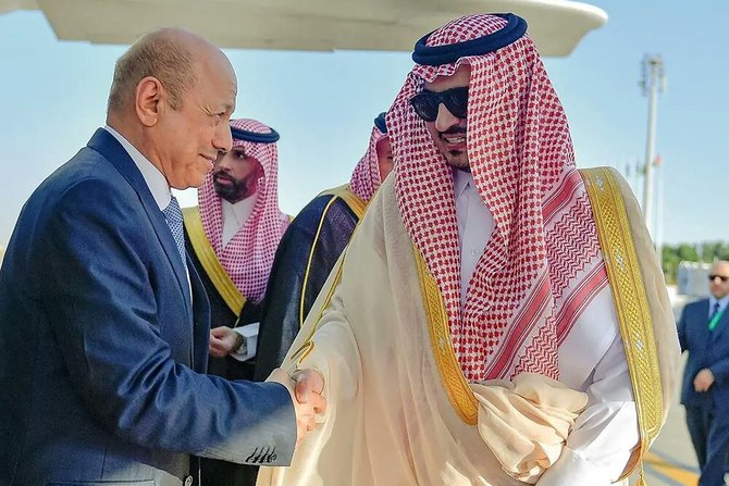 This handout picture provided by the Saudi Press Agency SPA on May 18, 2023 shows Deputy Emir of Makkah Prince Badr bin Sultan bin Abdulaziz welcoming Rashad Al-Alimi, president of Yemen’s new leadership council, in Jeddah on the eve of the Arab League Summit. (AFP)