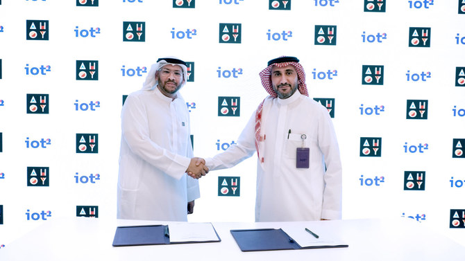 AHOY CEO Jamil Shinawi and Othman Al-Dahash, CEO of the PIF-back joint venture iot squared. (Supplied)