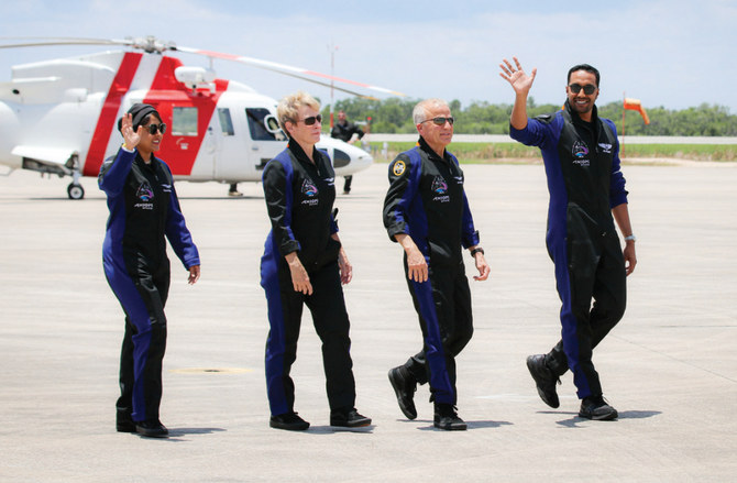 The ax-2 mission crew, at the Falcon 9 launch station, (from left to right): Rayyanah Barnawi, Peggy Whitson, John Shoffner, and Ali Alqarni. (Twitter/saudispace)