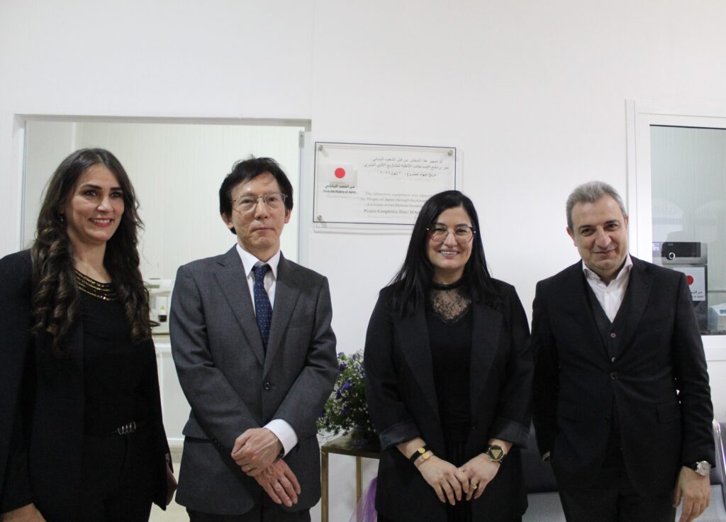 Japanese Ambassador to Lebanon MAGOSHI Masayuki visits the newly equipped blood test laboratory at UPW's medical dispensary in Dahr El Ahmar, Lebanon, April. 28, 2023. (Supplied)
