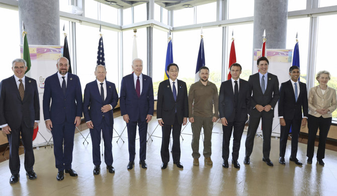 G7 leaders pose for a photo before a working session on Ukraine during the G7 Summit in Hiroshima May 21, 2023. (AP)