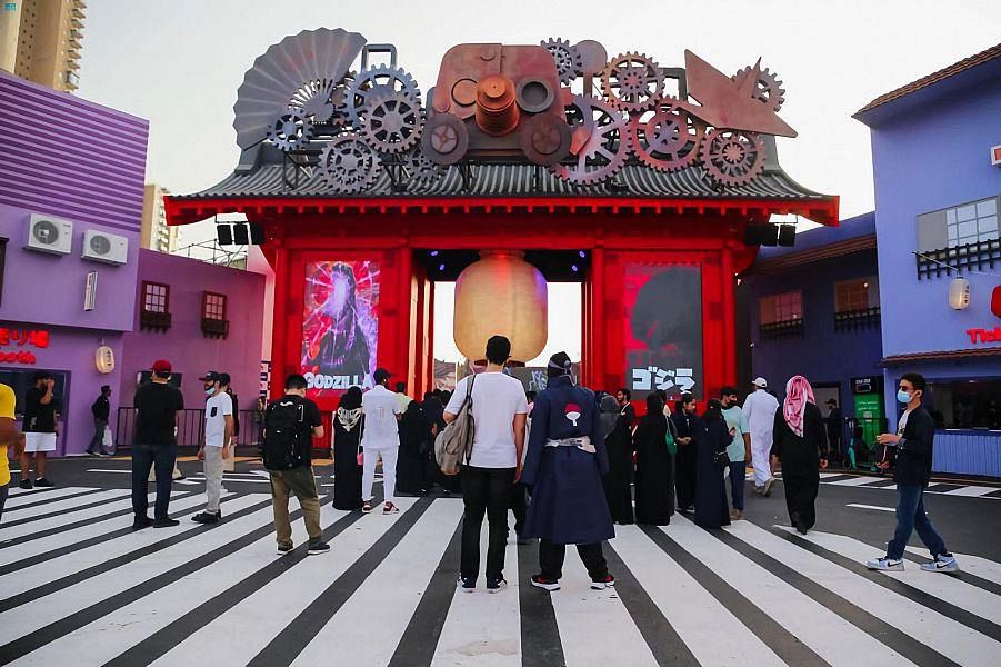 The entrance to Anime Village, filled with people. (SPA)