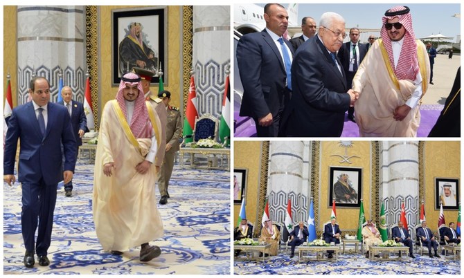 Egyptian President Abdel Fattah El-Sisi, Lebanon’s PM Najib Mikati, and Palestinian President Mahmoud Abbas arrive in Jeddah ahead of the Arab summit. (SPA)