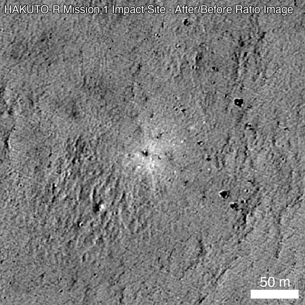 Ratio image created by dividing the after (M1437131607R) and before (M192675639R) images. The impact created an area of higher reflectance, approximately 60-80 m across. The scale bar in the lower right is 50m across. (NASA’s Goddard Space Flight Center/Arizona State University)